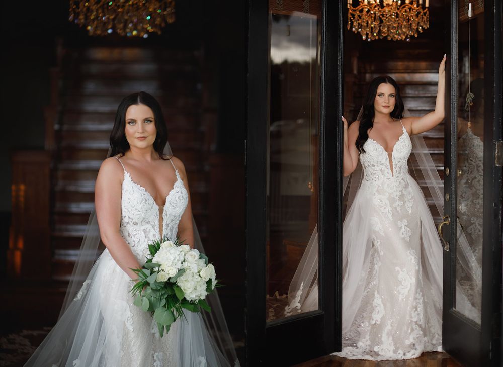 Series of dramatic bridal portraits captured in a dimly lit venue with crystal chandeliers.