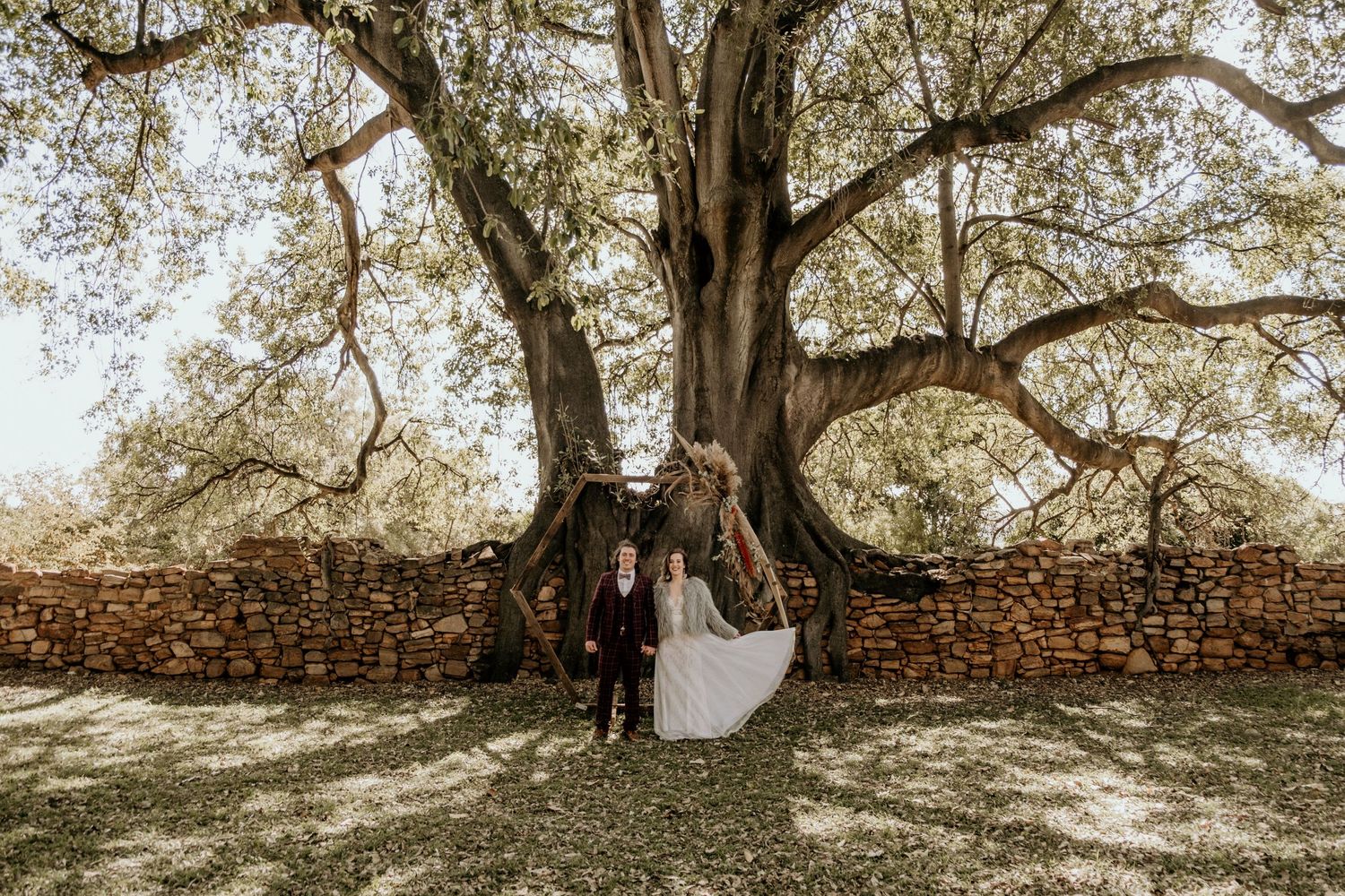 Bride and groom standing under a wild fig tree. Intimate Weddings at Intiem Weddings Gauteng
