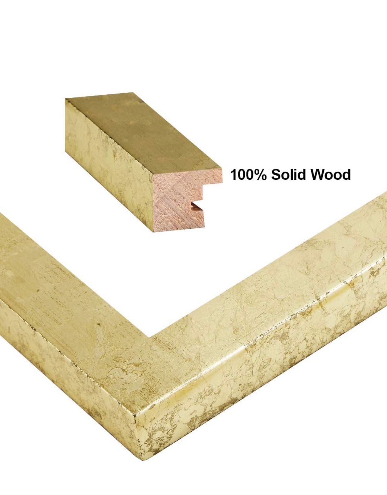 Corner detail of a gold marble-textured solid wood picture frame molding with 100% Solid Wood label.