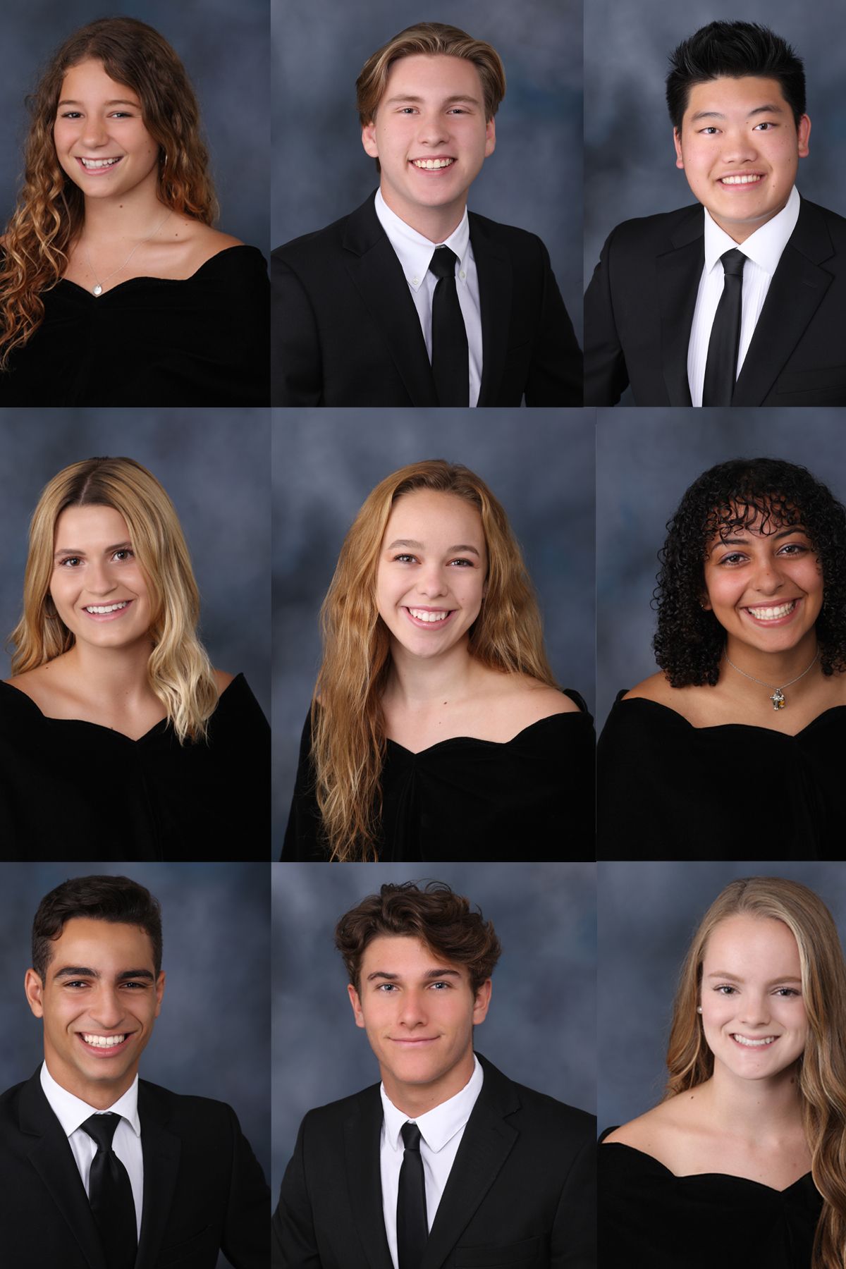 Collection of nine formal portraits showing people in black attire against dark background.