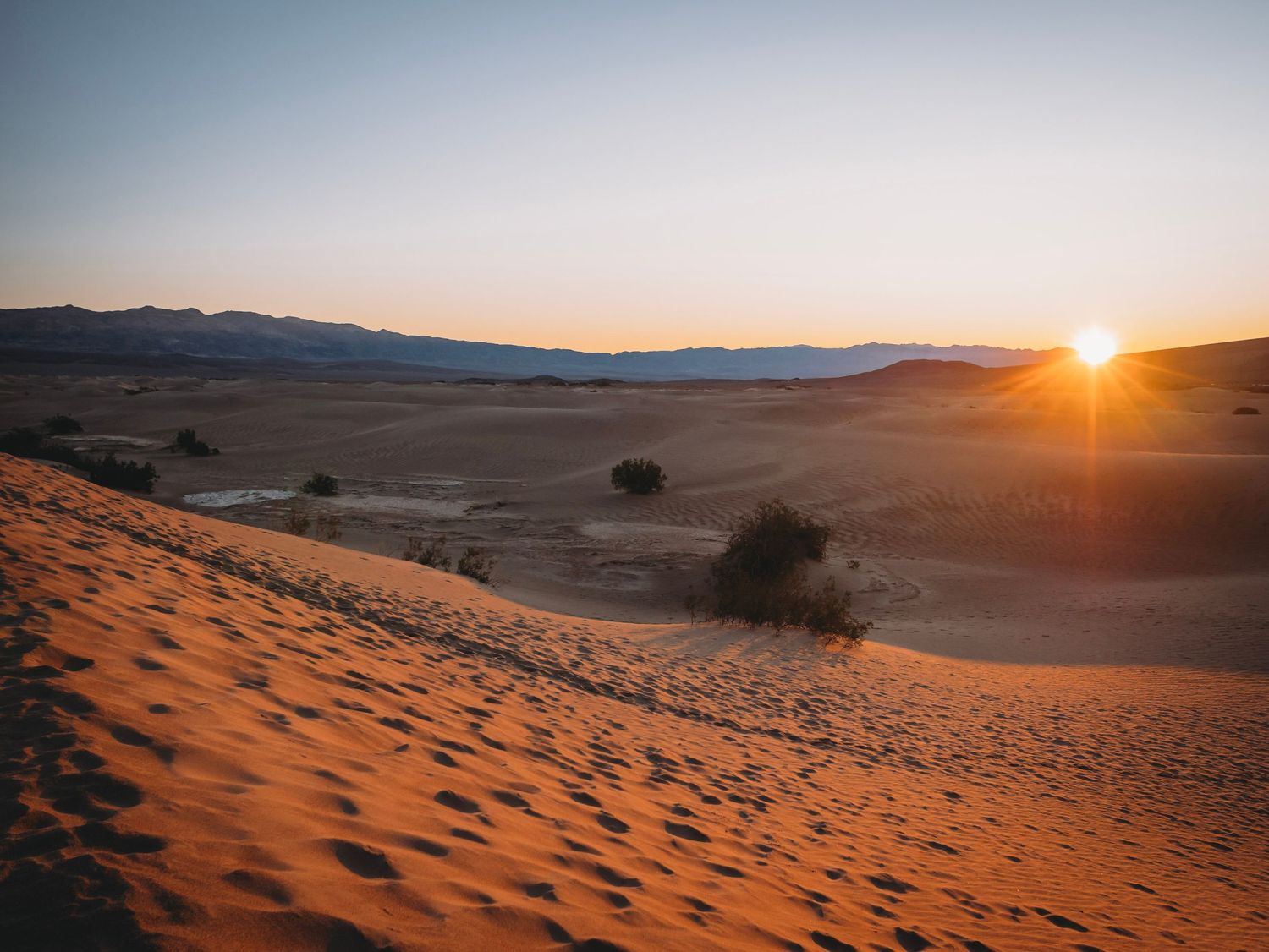 The sun is rising over the large sand dunes at Death Valley National Park. There is a large sun glare that bursts.