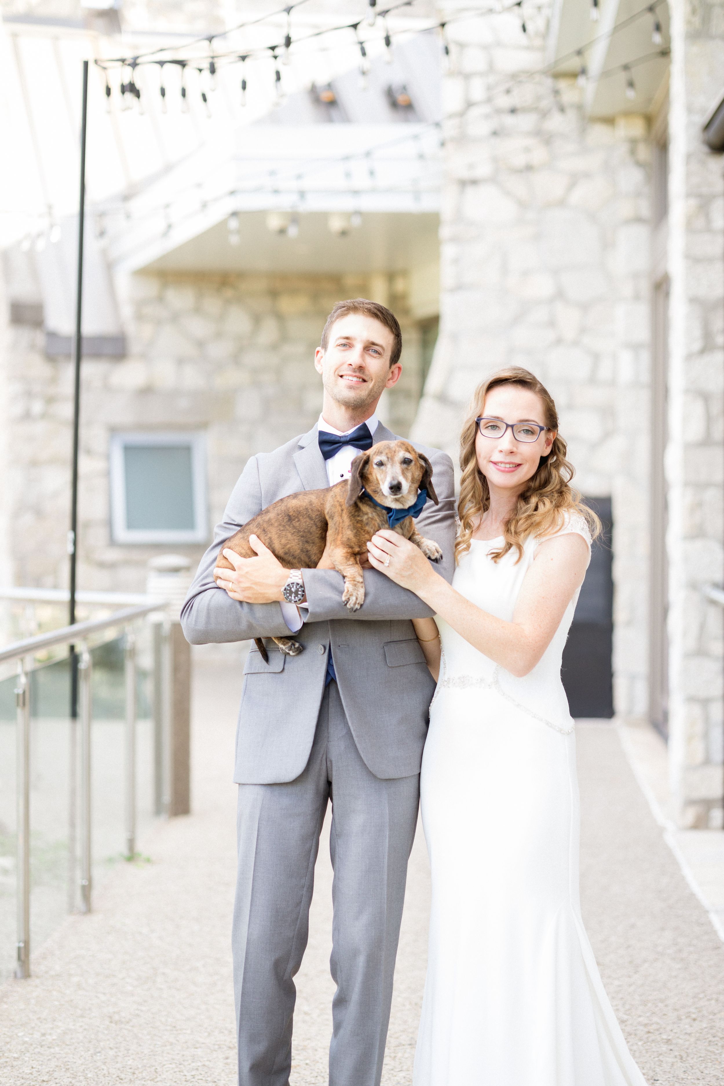 Cambridge mills wedding couple with Weiner dog