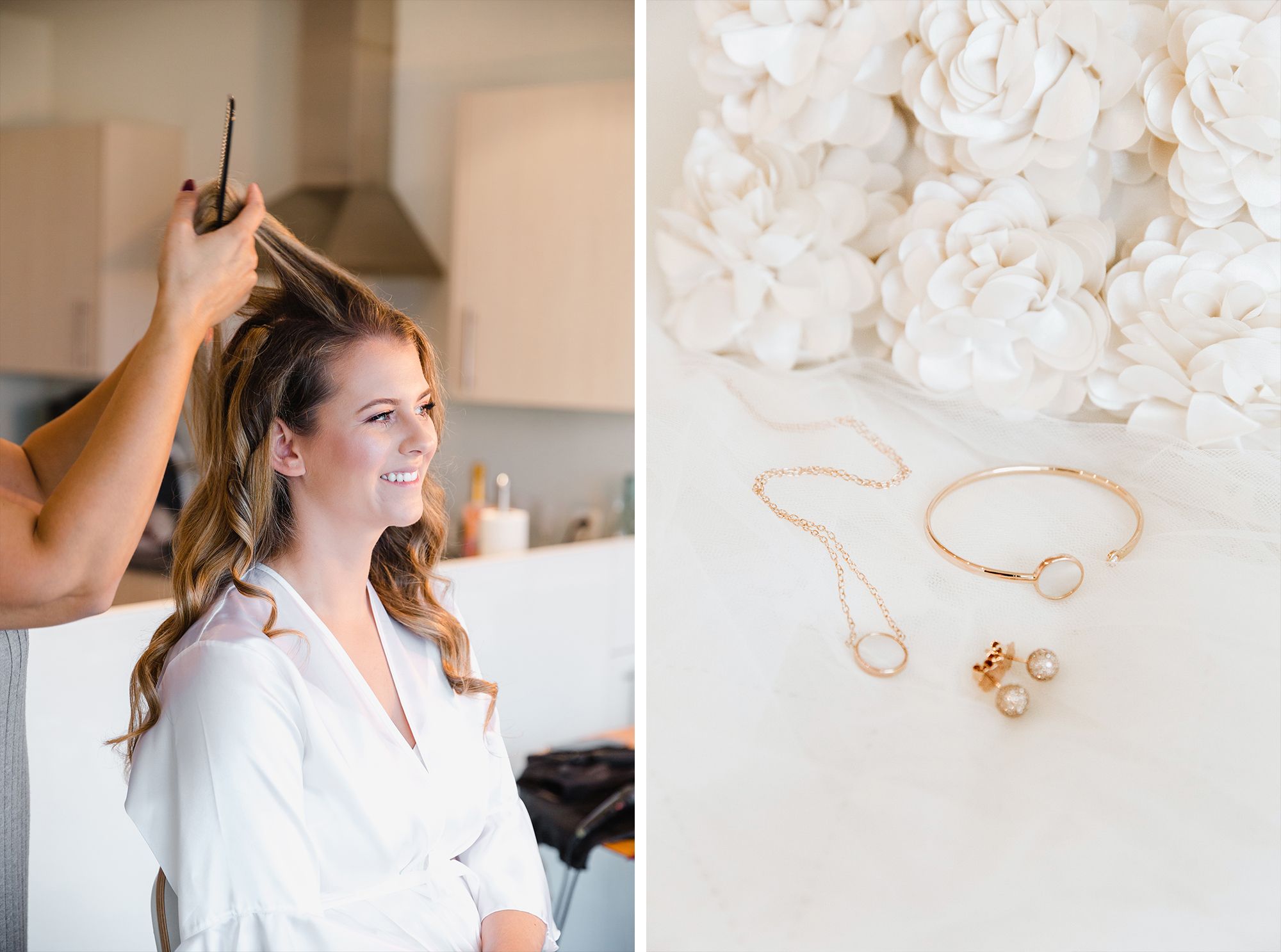Collage of a bride in a robe having her hair curled and a flat lay of delicate bridal jewelry.