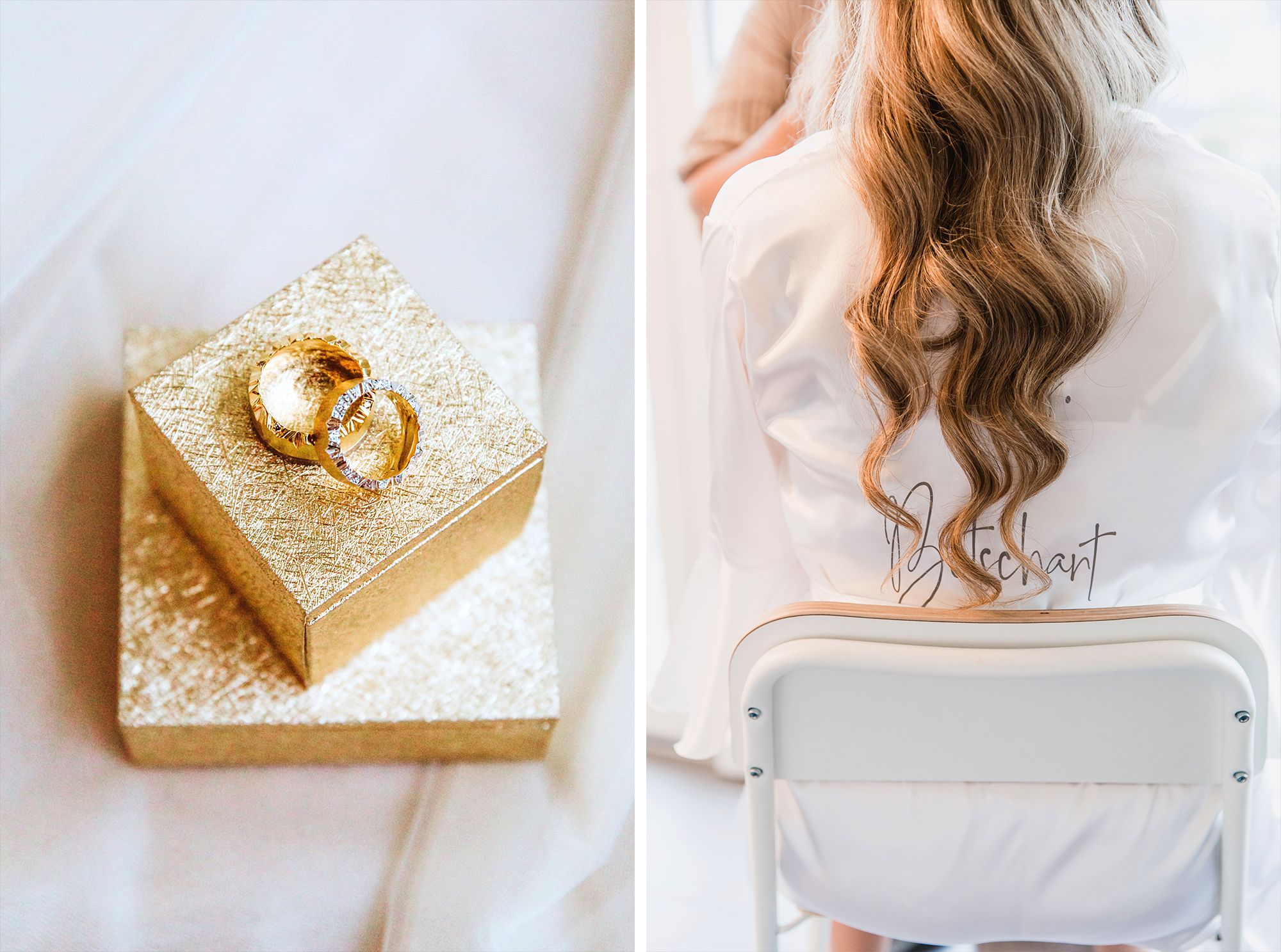 Two-photo set showing gold wedding rings on a velvet box and the back of a bride's long, wavy hair.