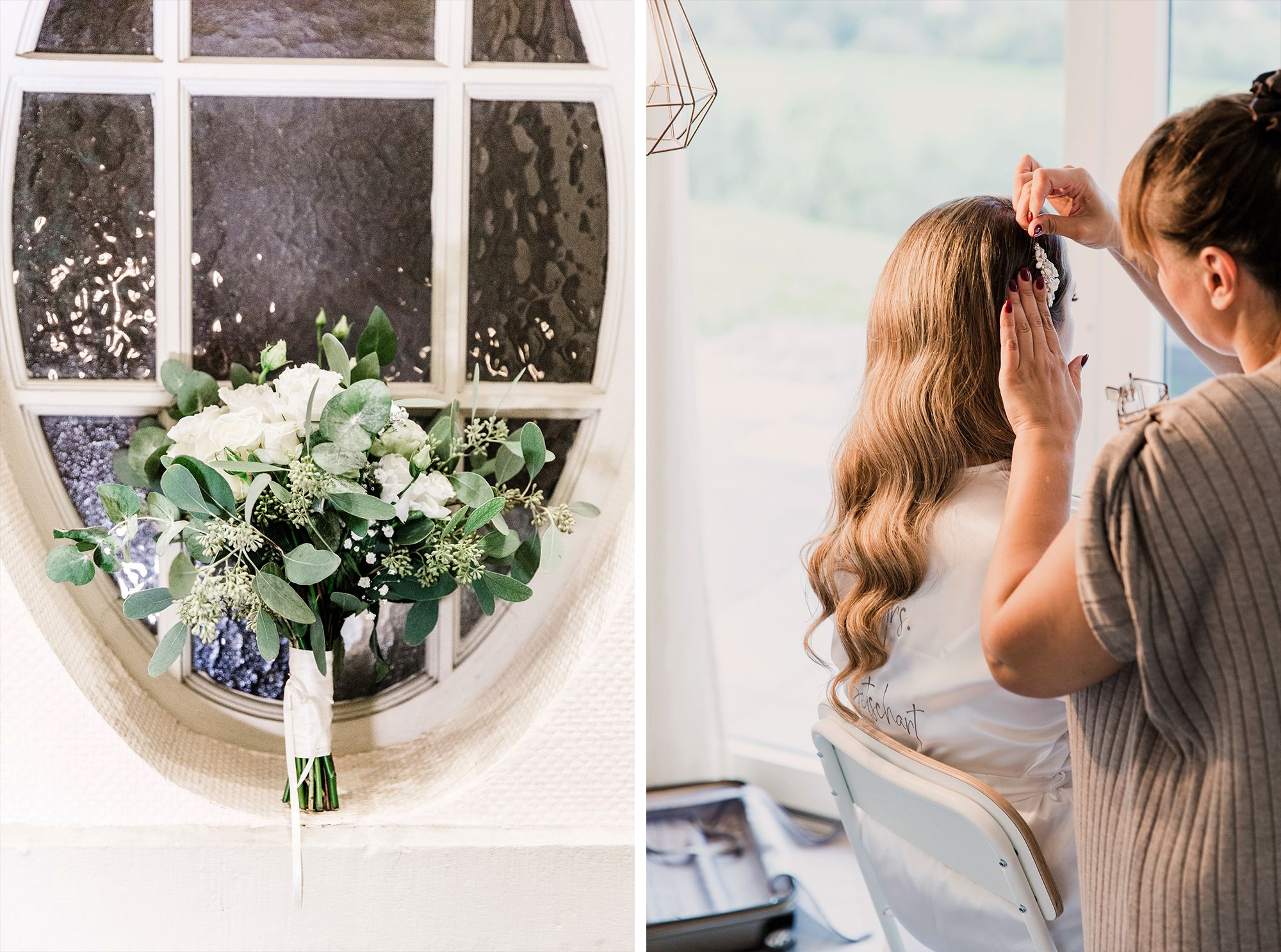 Collage featuring a white and green wedding bouquet in a stone window and a bride getting her hair styled.