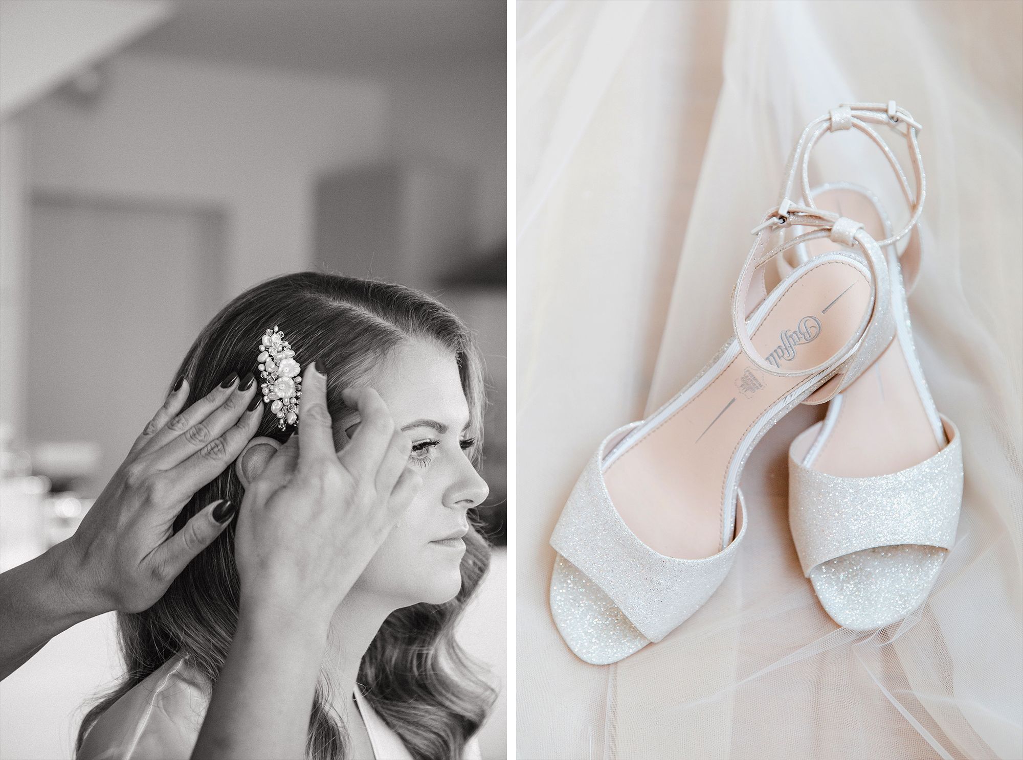 Side-by-side shot of a bride's hair being styled and a pair of white bridal heels on a decorative chair.