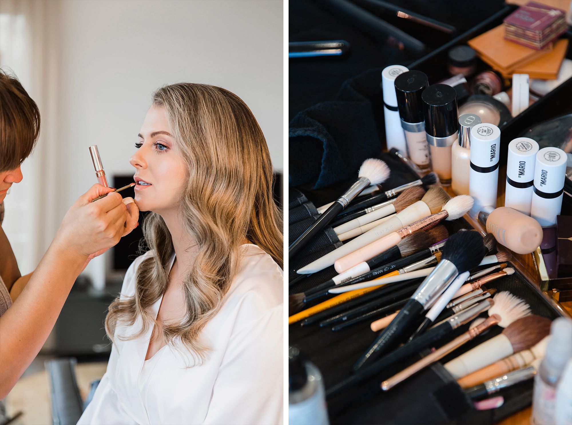 Collage featuring a bride getting her makeup applied and a close-up of professional makeup brushes.