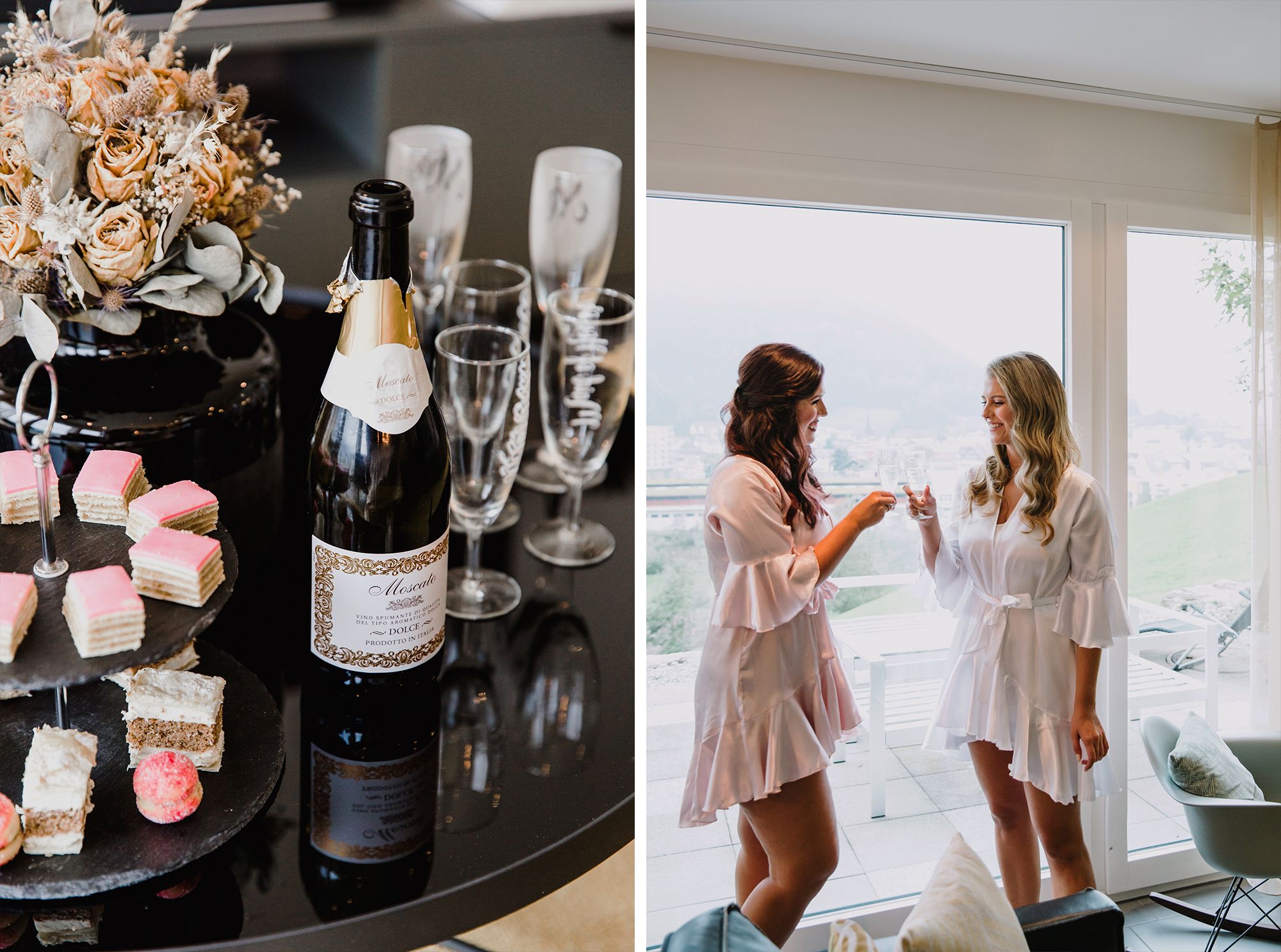 Two-photo collage showing a champagne toast setup and bridesmaids talking in a bright room.