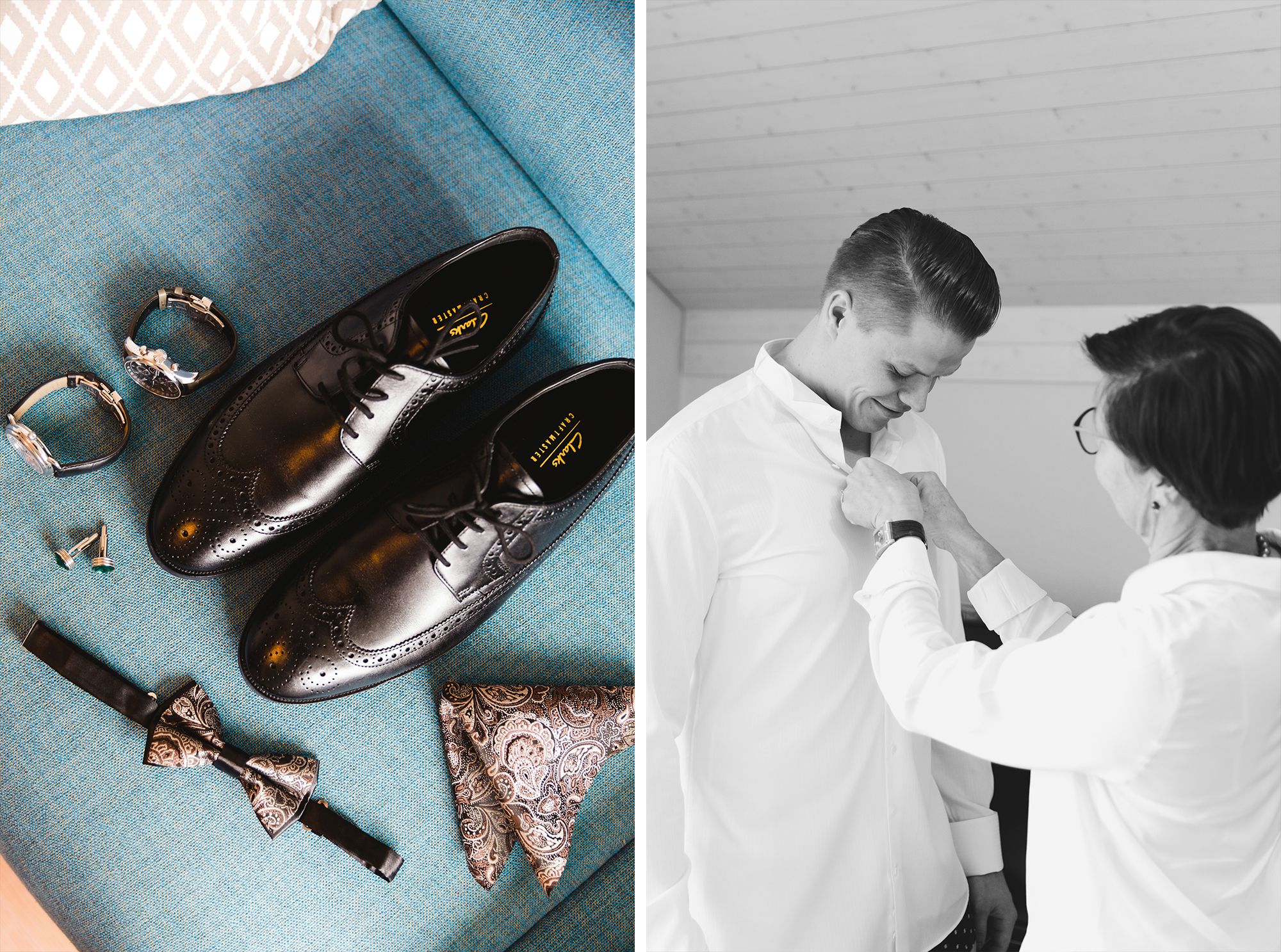 Two-photo collage showing leather wedding shoes and accessories next to a groom being helped with his shirt.
