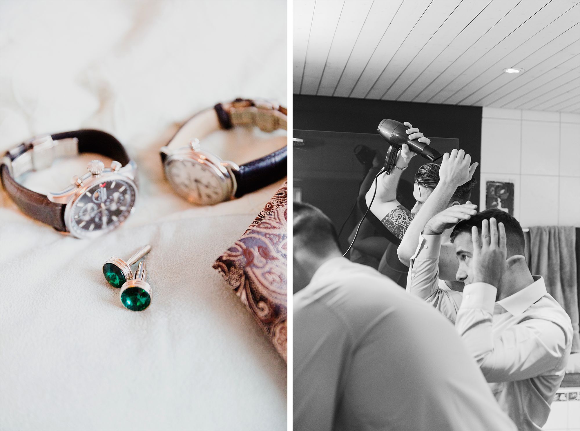 Collage featuring wedding accessories like a floral bow tie and a candid of groomsmen celebrating