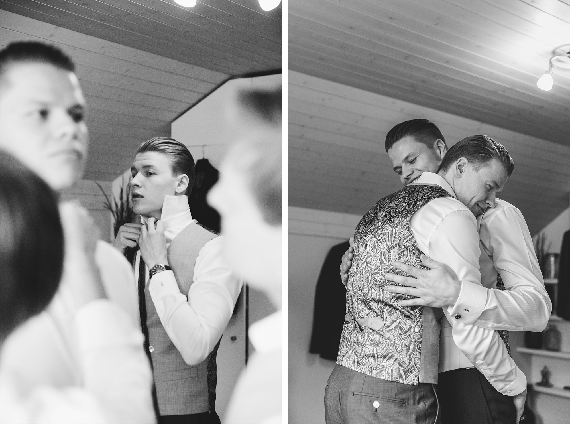 Collage of black and white candid photos showing the groom and groomsmen celebrating and helping each other suit up.