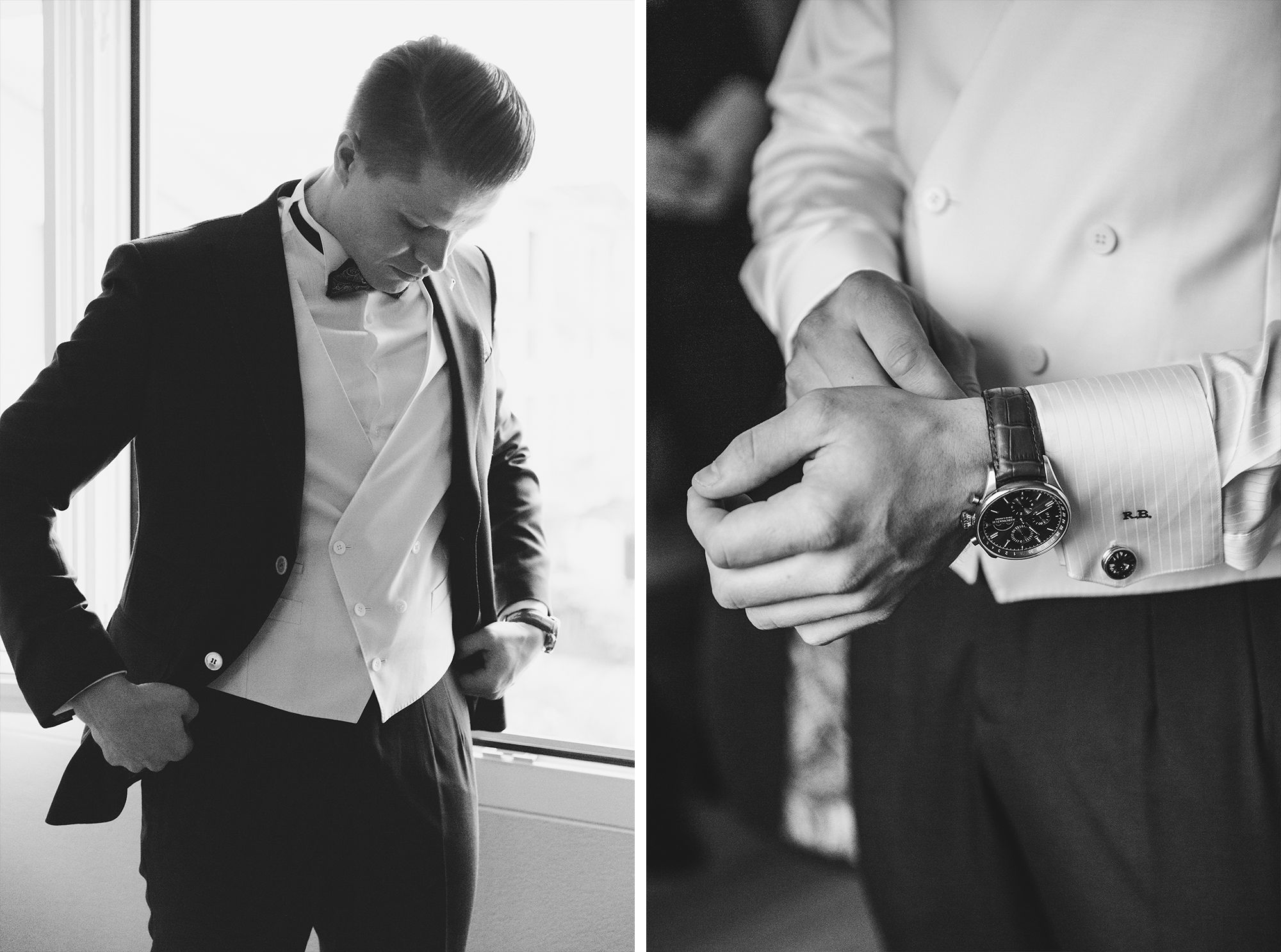 Groom in a dark suit checking his watch and adjusting his cufflinks before the wedding ceremony.
