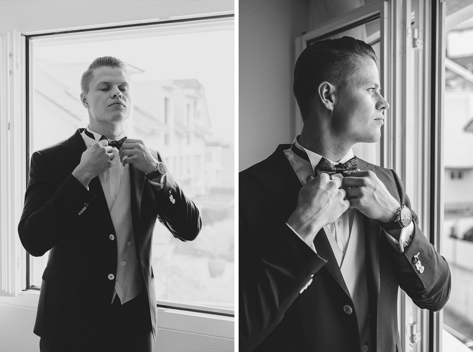 Black and white portraits of a groom in a tuxedo adjusting his bowtie and looking out a window.