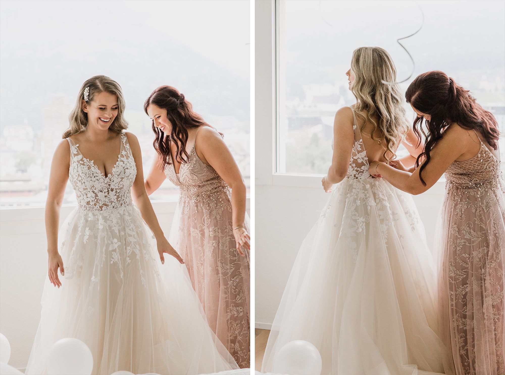 Bridesmaids in soft pink dresses assisting the bride with the back of her wedding gown in a bright room.