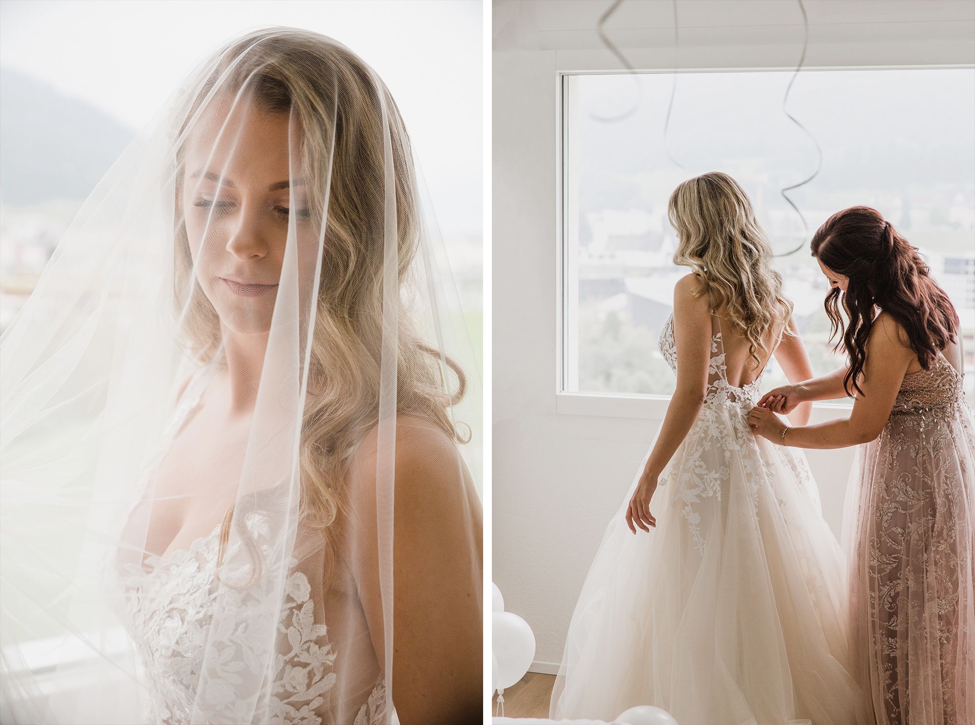 Collage featuring a close-up of a bride behind a veil and bridesmaids helping her into a lace wedding dress.