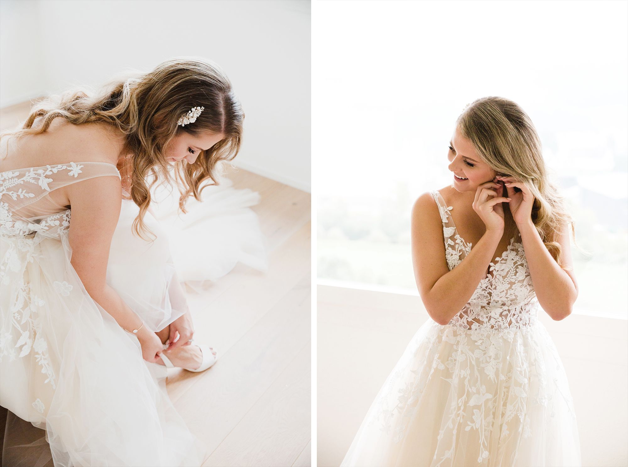 Two-photo set of a bride in a lace dress looking in a mirror and putting on her final accessories.