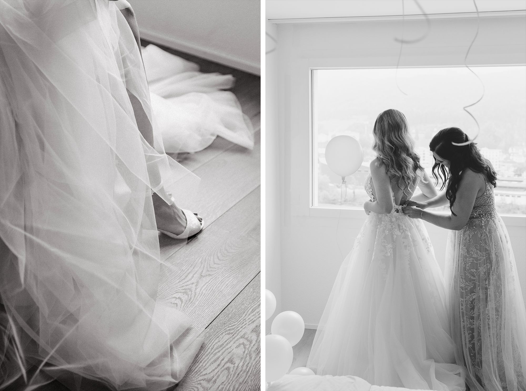 Black and white photo series of a bride adjusting her dress and standing by a window in a sunlit room.