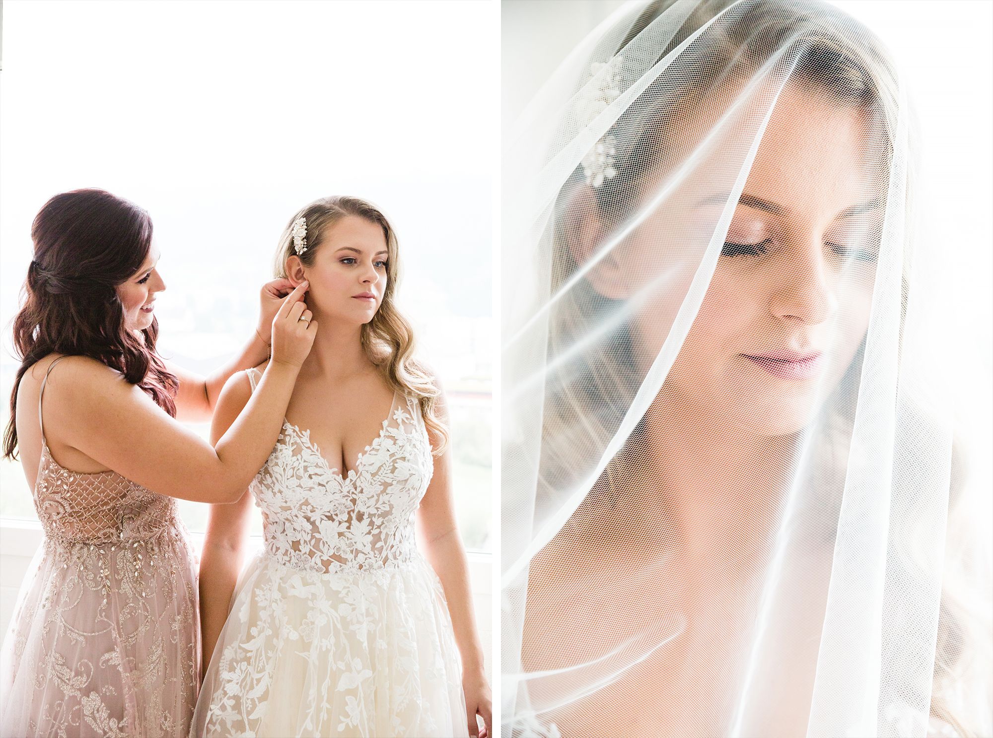 Collage featuring a bride putting on earrings and a close-up of her face through a sheer wedding veil.