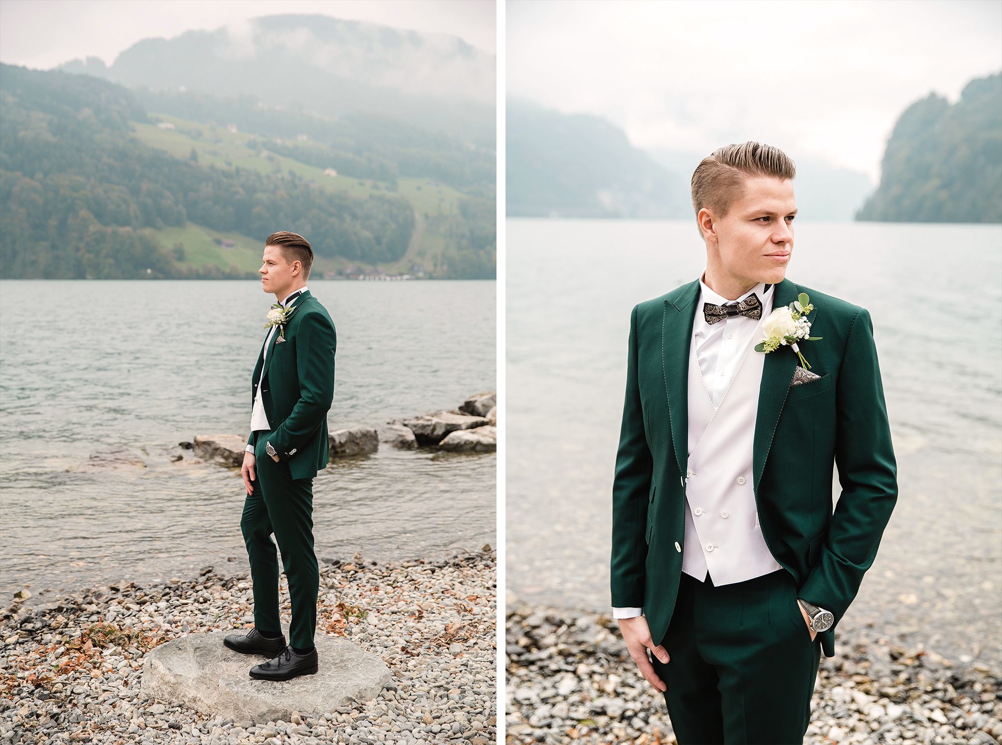 Collage featuring a wide shot of a groom by the water and a close-up portrait in a dark green wedding suit.