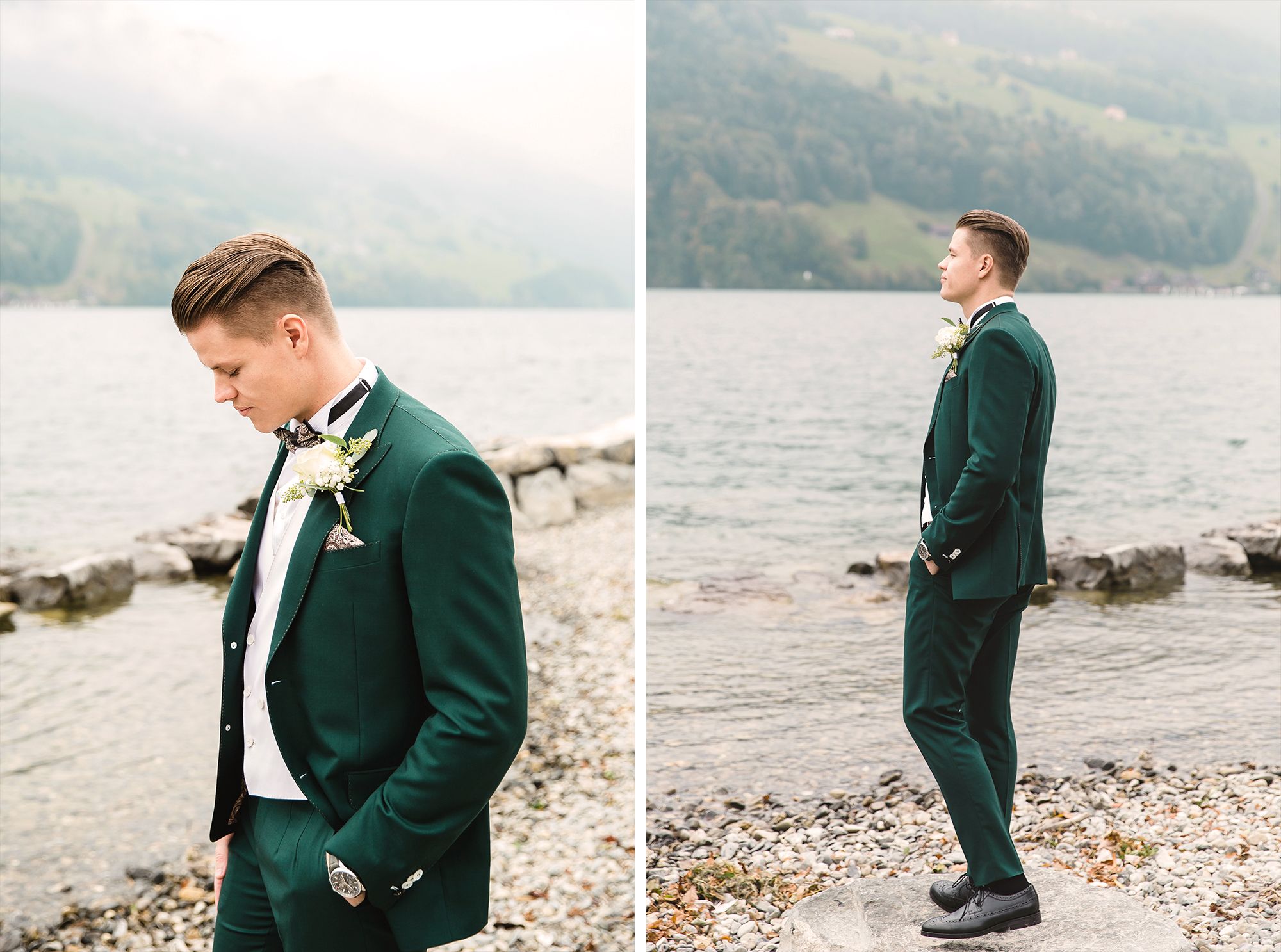 Profile and full-length portraits of a groom standing on a pebble beach with a mountain lake background.