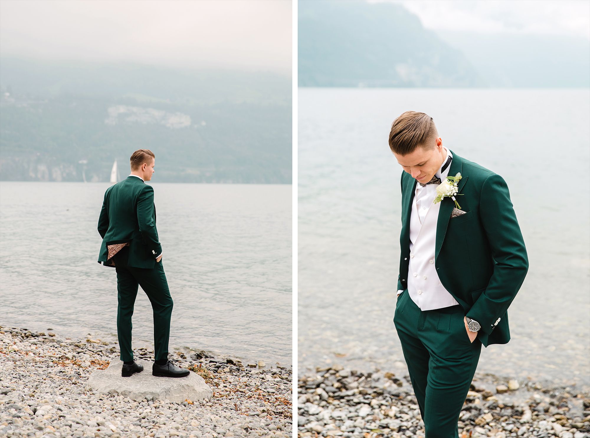 Two-photo collage of a groom posing in a green suit and adjusting his bowtie in a scenic outdoor setting.