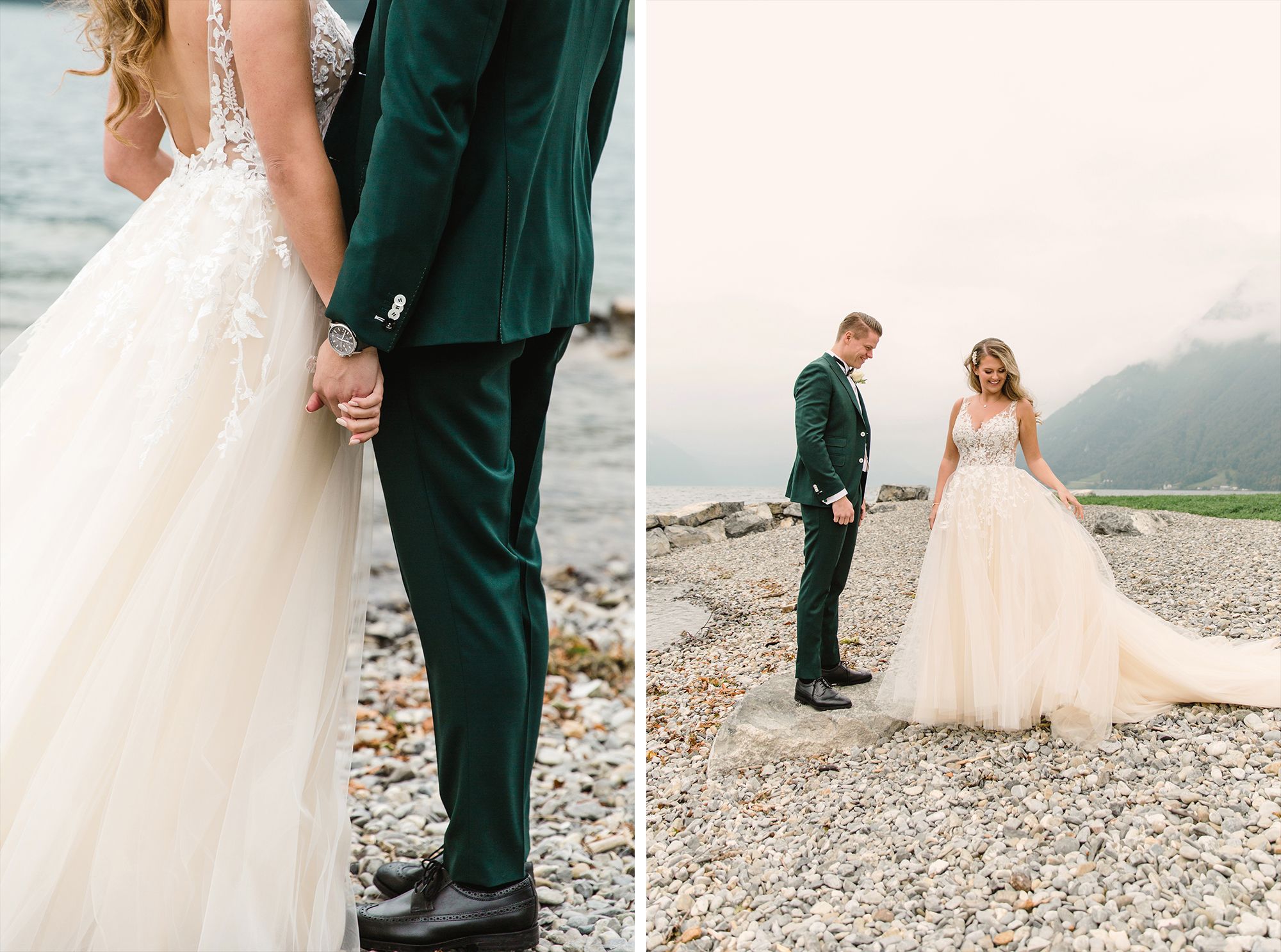 Close-up and wide-angle shots of a couple holding hands and walking together along a scenic lakeside.