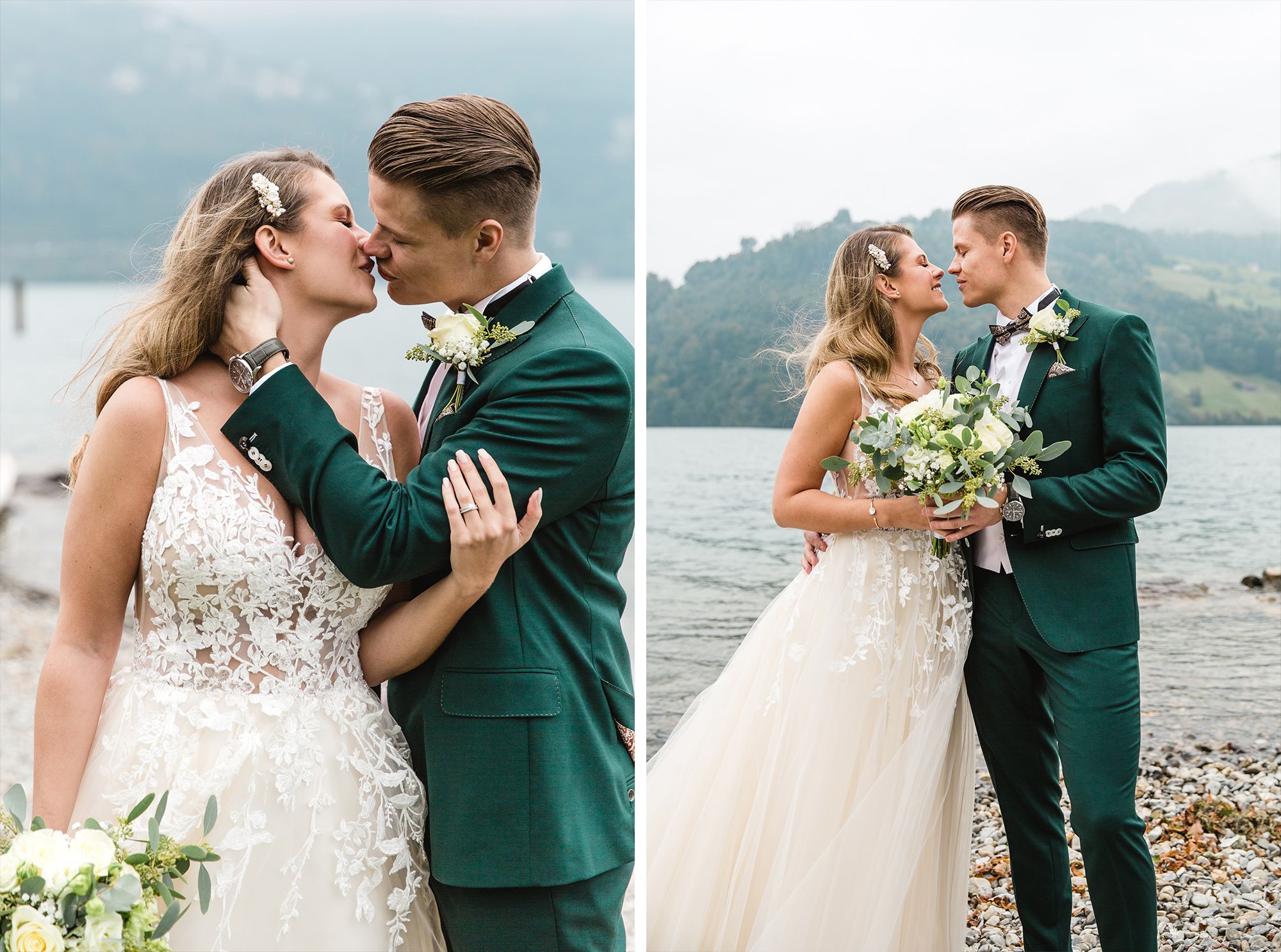 Romantic wedding photos of a groom kissing his bride against a mountain lake backdrop.