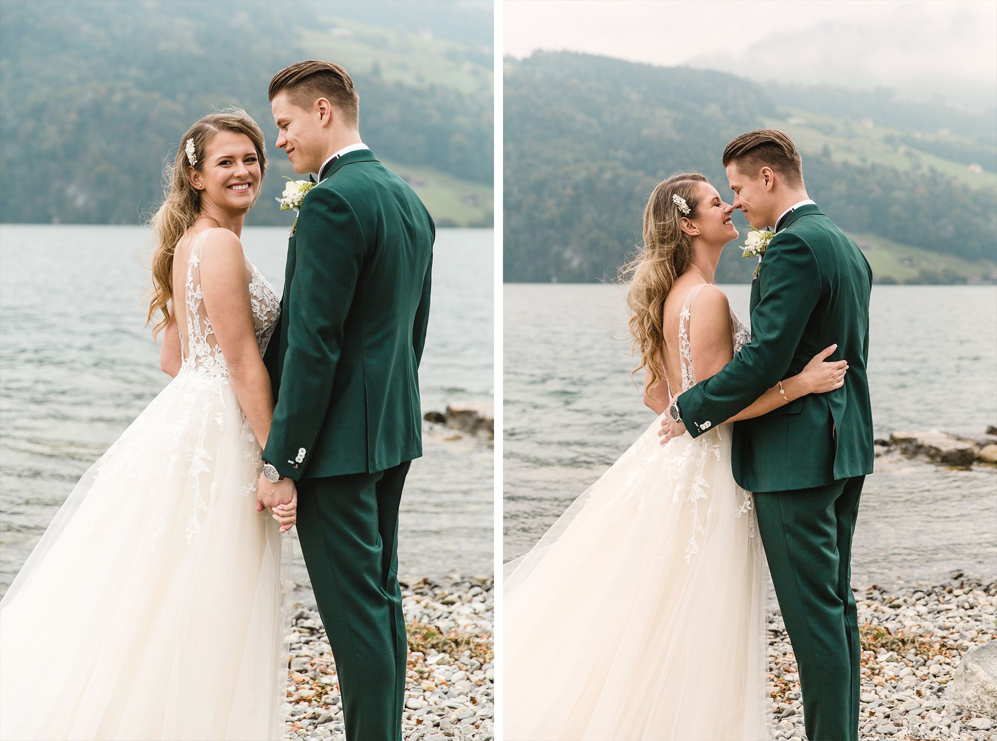 Full-length portraits of a bride and groom smiling and embracing by the water in Brunnen, Switzerland.