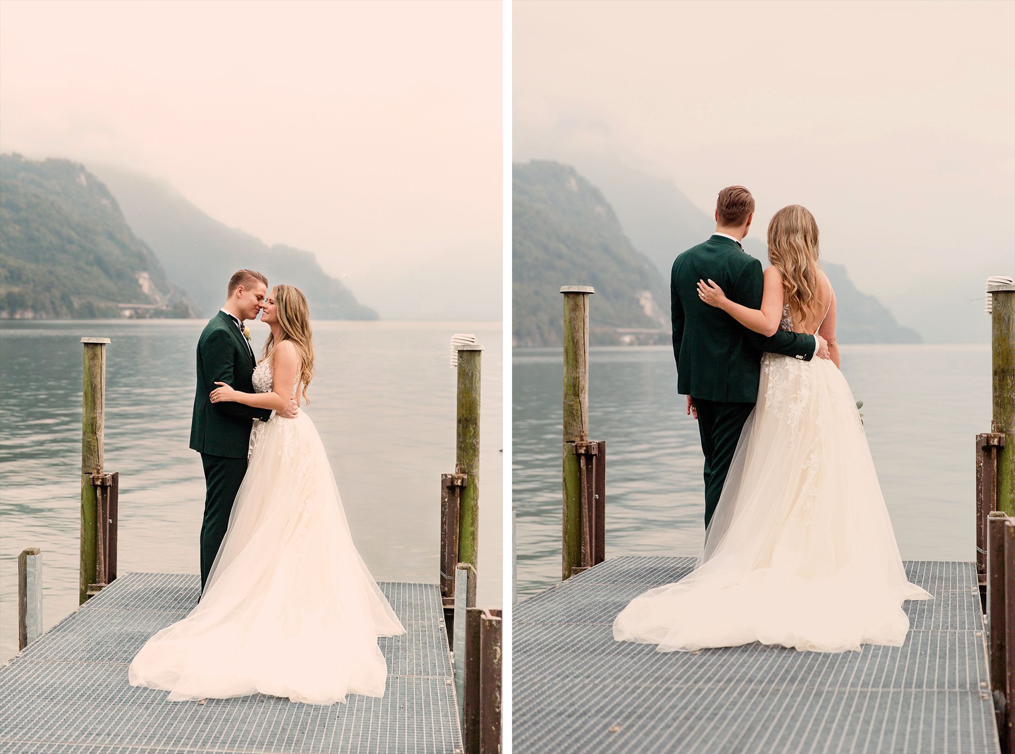 Side-by-side portraits of a bride and groom posing on a wooden dock overlooking Lake Lucerne.