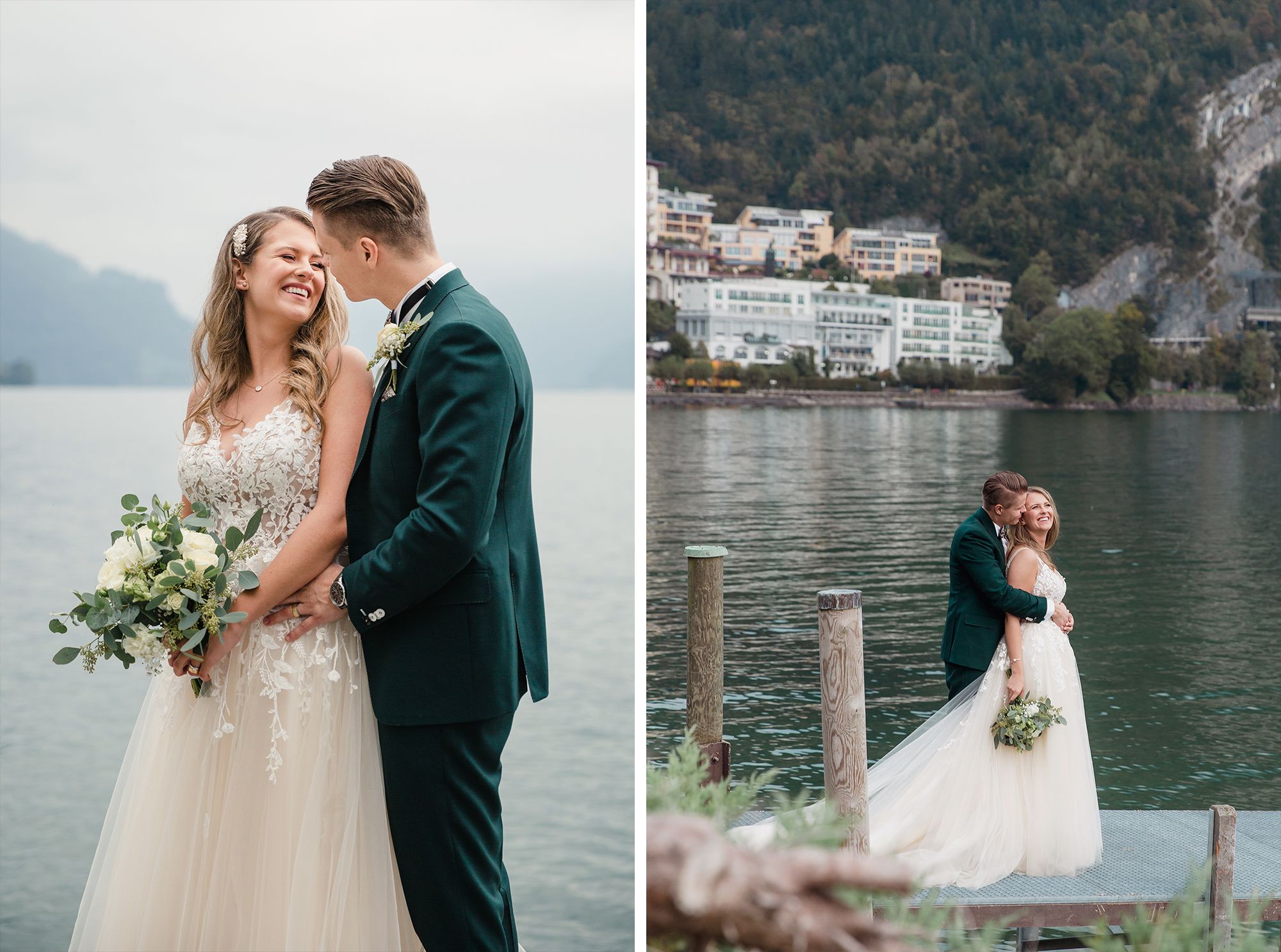 Full-length portrait of a bride and groom embracing on a stone balcony overlooking a lakeside village.