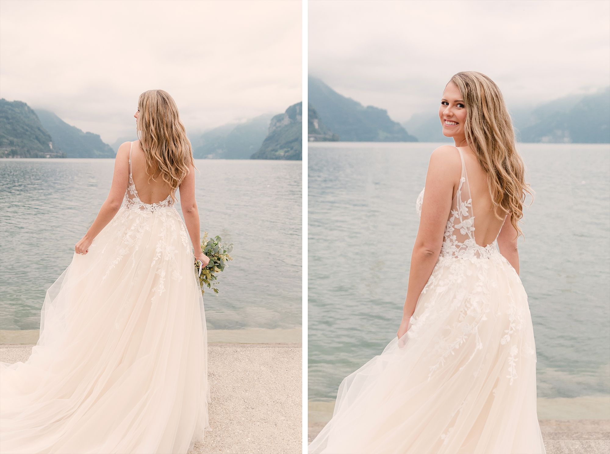Dual-portrait showing a bride in a lace wedding dress posing with a panoramic view of Lake Lucerne.