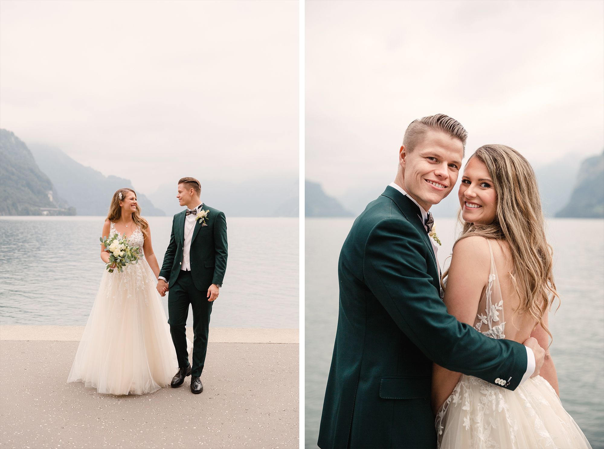 Romantic wedding portrait of a bride and groom smiling by a misty lake with mountain views.