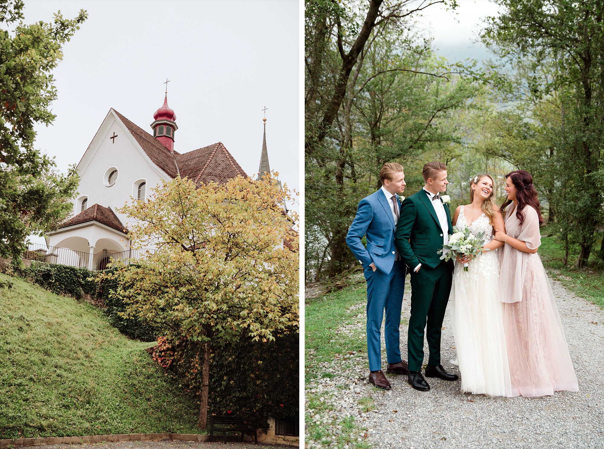 Collage showing a historic white church and a bride and groom posing with a bridesmaid in a forest.