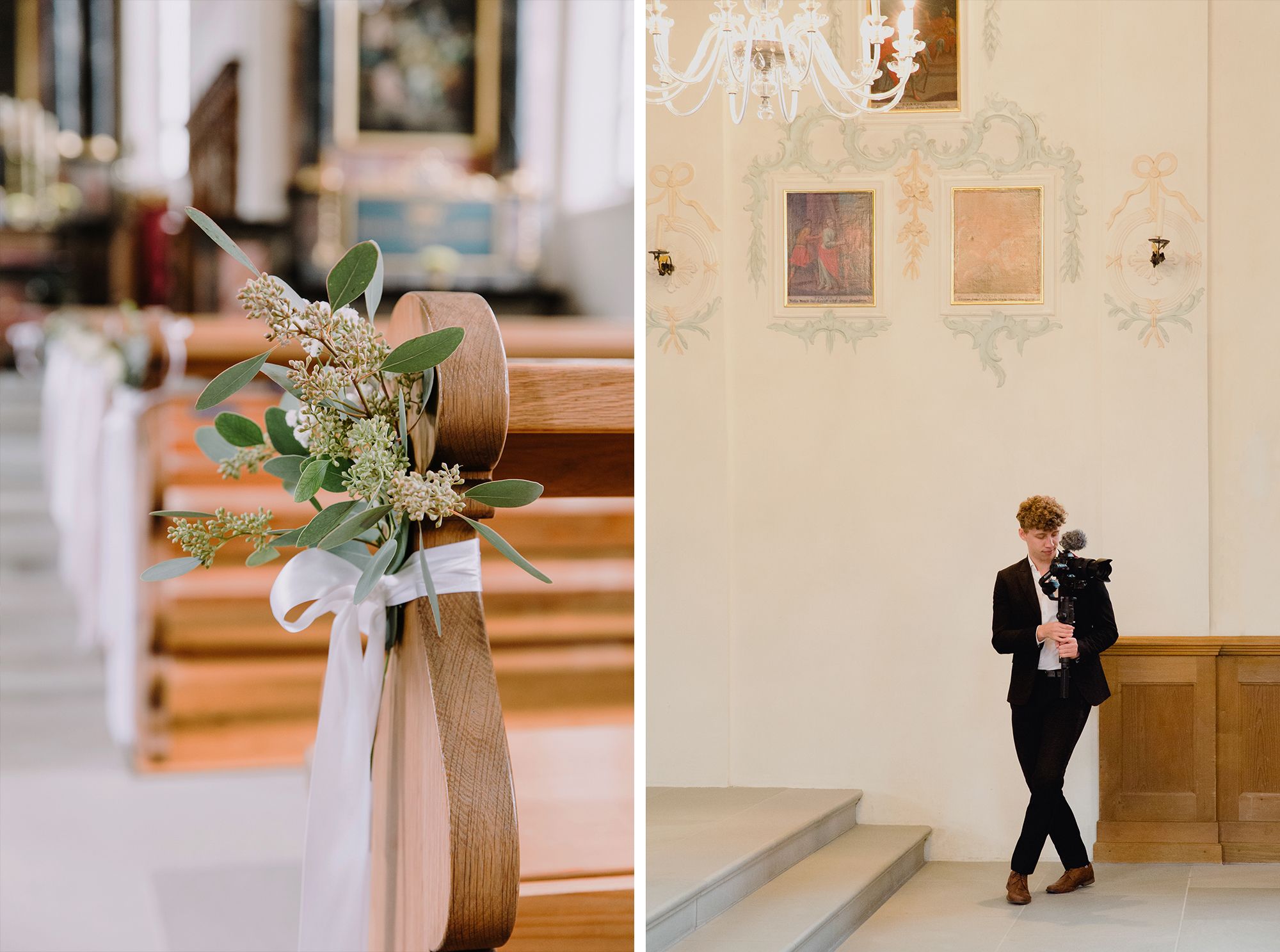 Side-by-side collage showing a decorated church pew and a groom walking down a bright hallway.