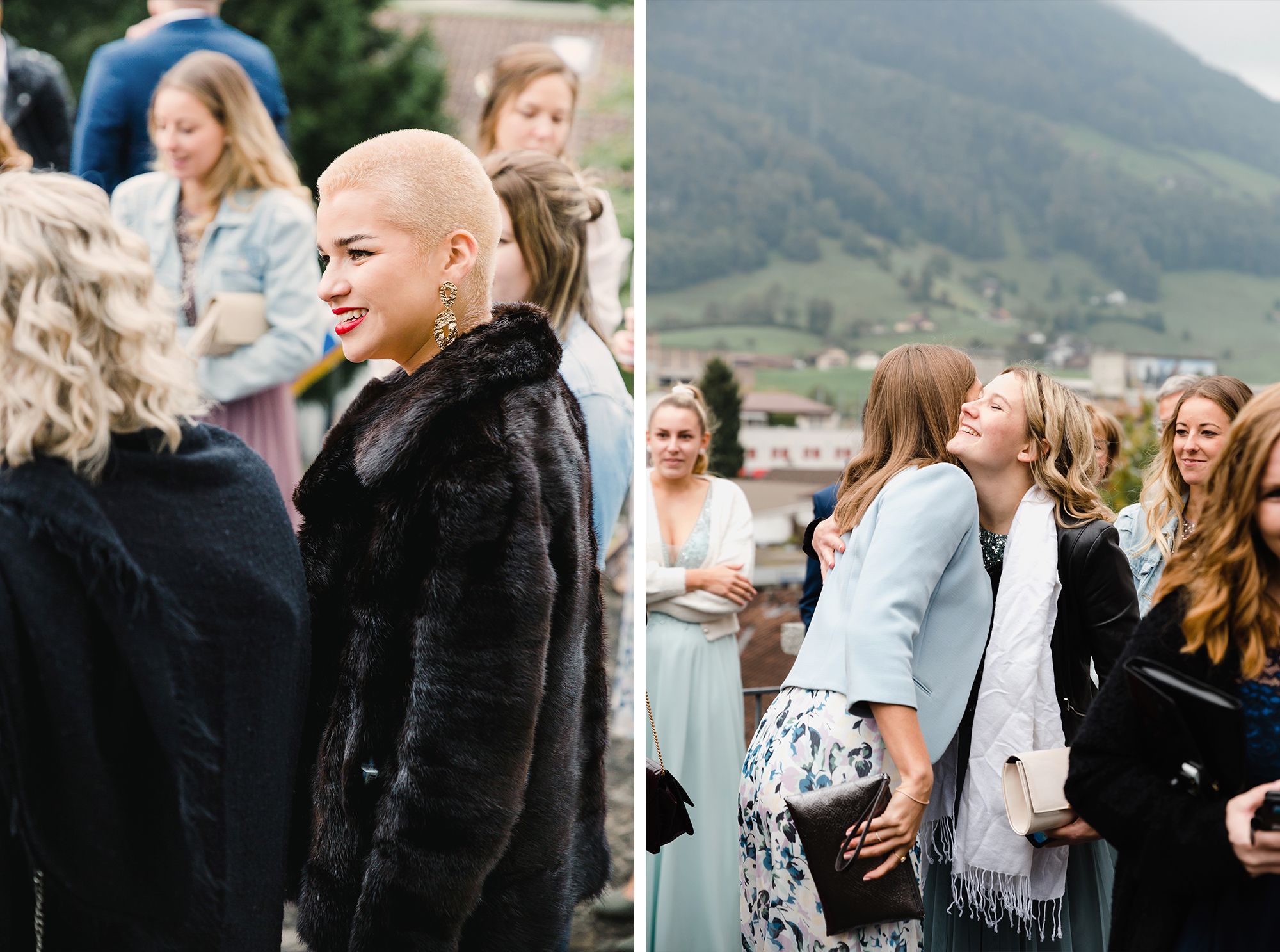 Guests smiling and talking together outdoors during a mountain wedding reception in Brunnen.