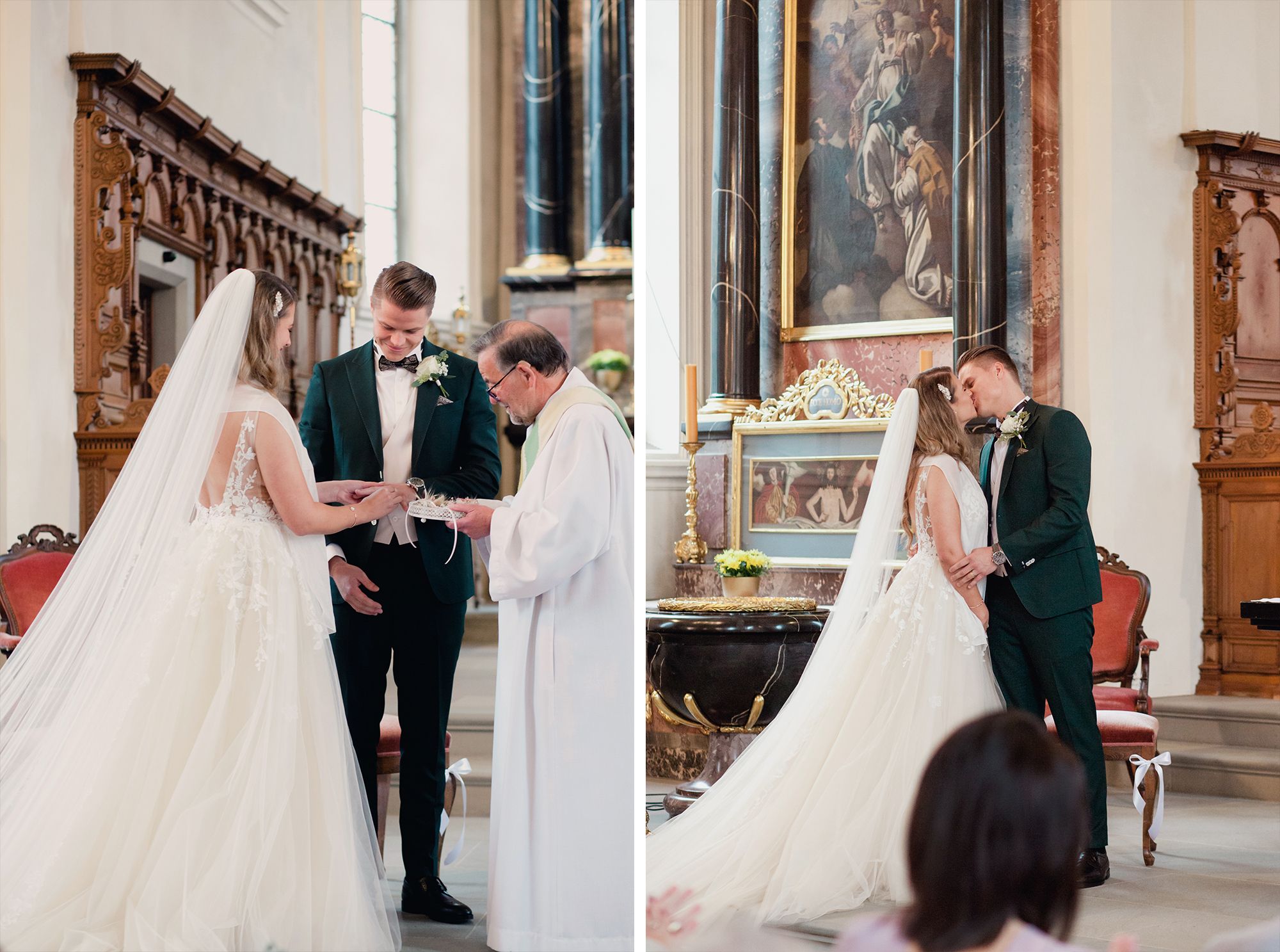 Wide shot of a wedding ceremony in progress, featuring the couple at the altar and ornate church architecture.