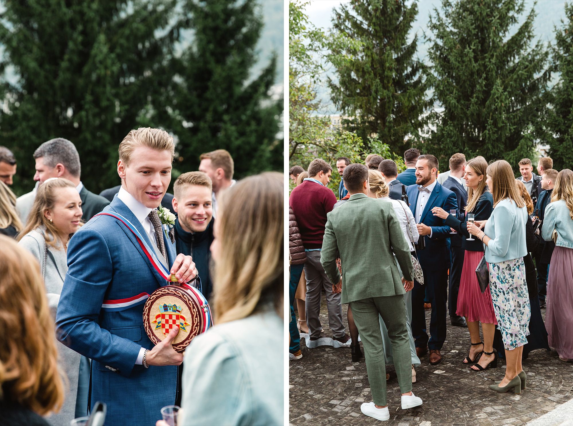 Groom in a blue suit smiling and receiving congratulations from guests after an outdoor ceremony.