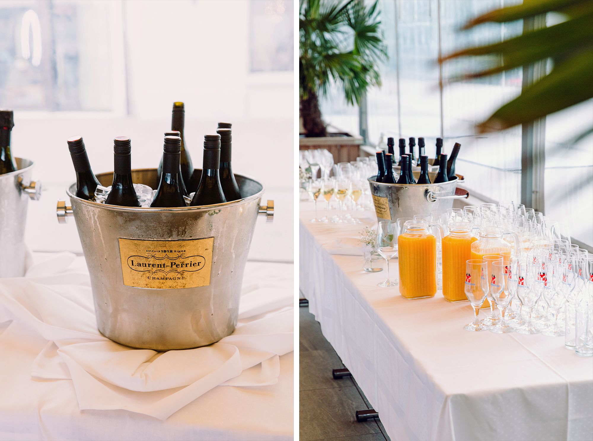 Close-up of a chilled champagne bucket with bottles ready for a wedding celebration.