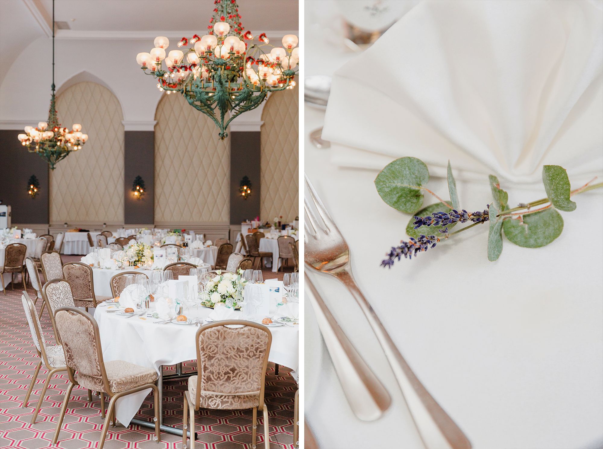 Collage showing an elegant indoor wedding reception setup and a close-up of a rustic place setting with greenery.