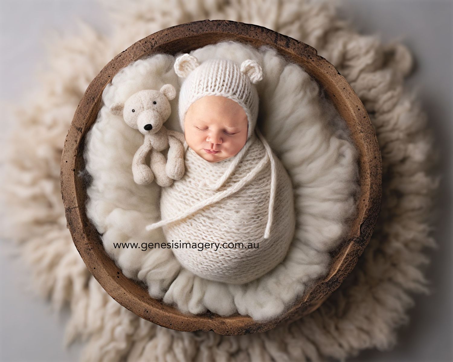 Creative newborn posing in a vintage bowl with soft wool textures.