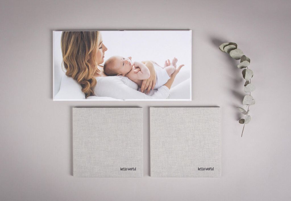 Professional photo album and linen covers with eucalyptus sprig on neutral background.