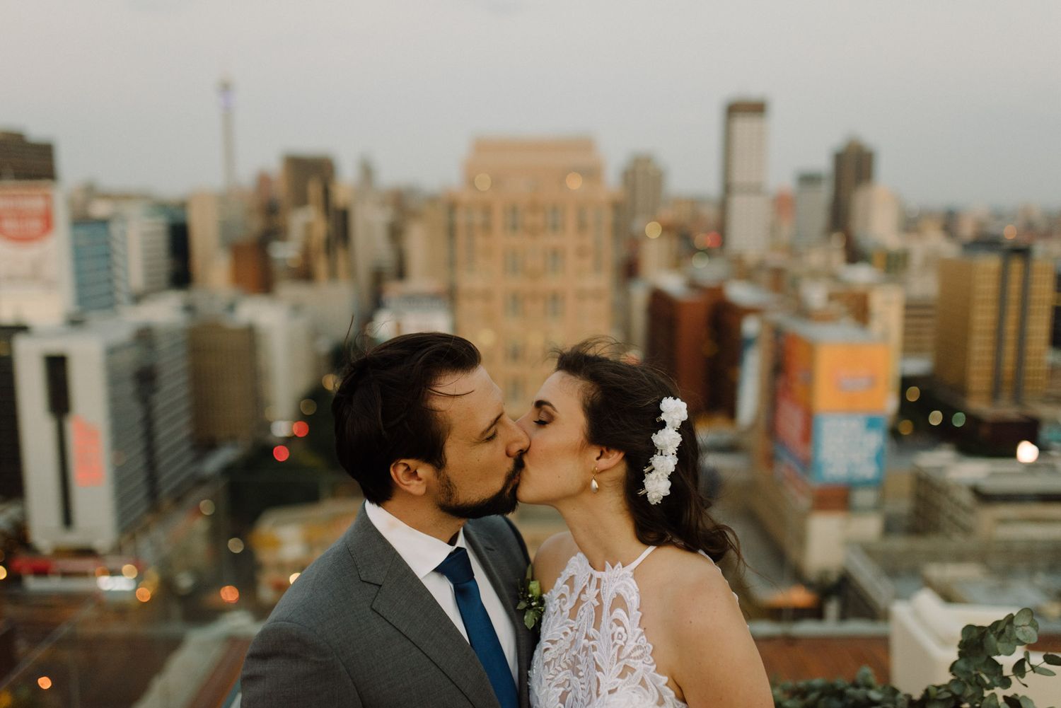 A couple on their wedding day on top of a building in Johannesburg South Africa