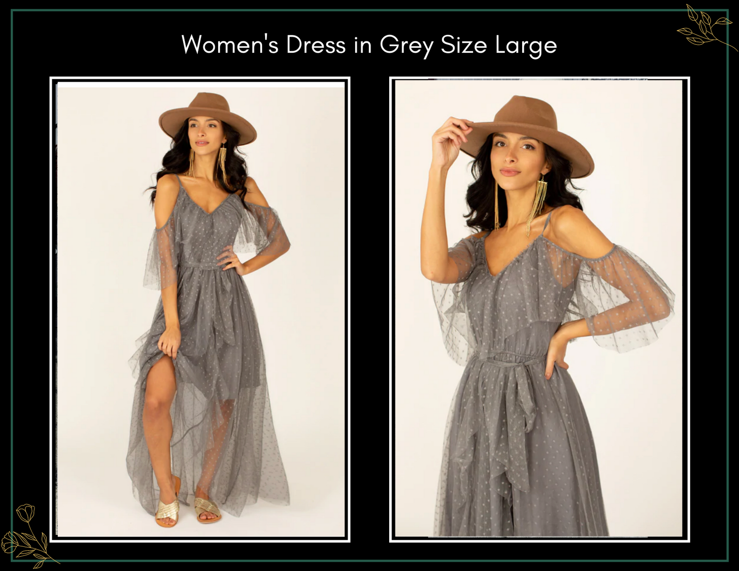 Womens grey tulle overlay dress size large with cold shoulder detail and tie waist, shown in two poses.