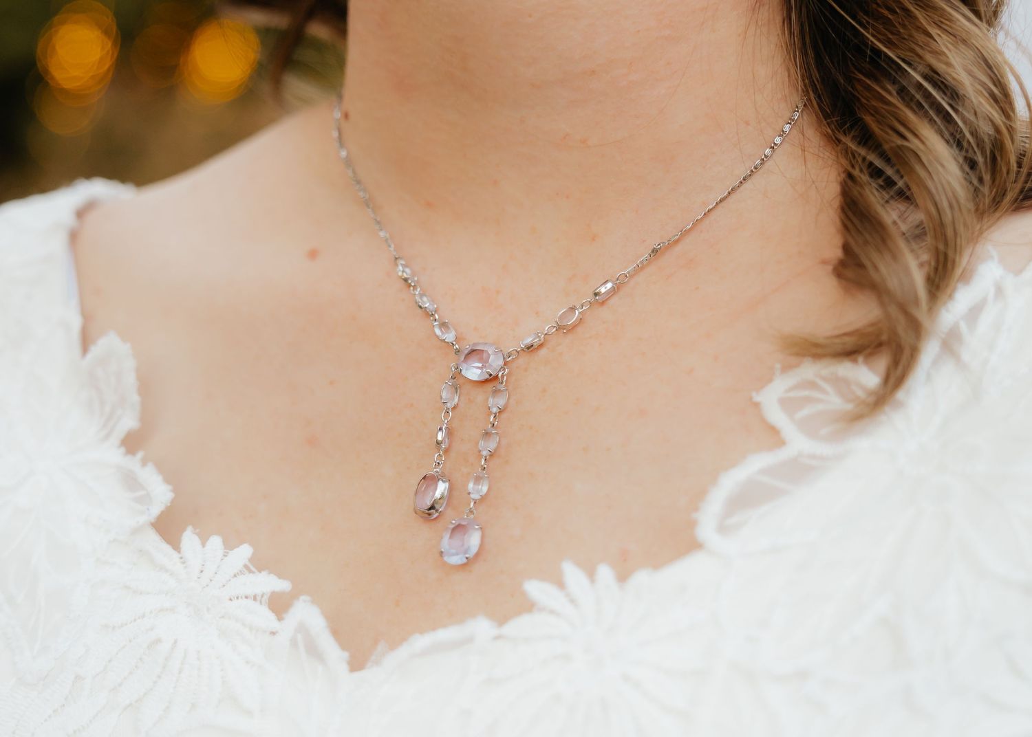 Detail of brides lavendar crystal necklace