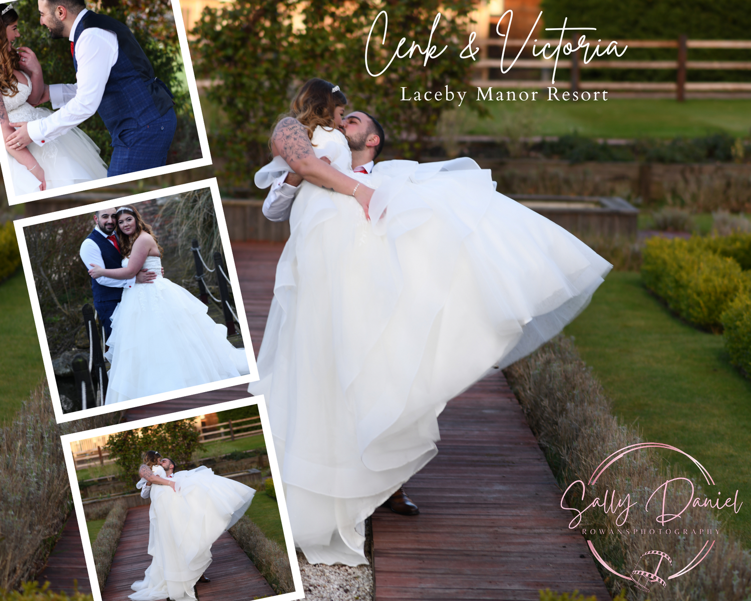 Wedding photo collage showing multiple poses on wooden boardwalk.
