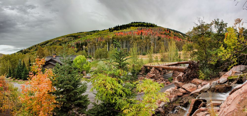 Autumn mountain landscape with colorful foliage and winding path through rocky terrain.