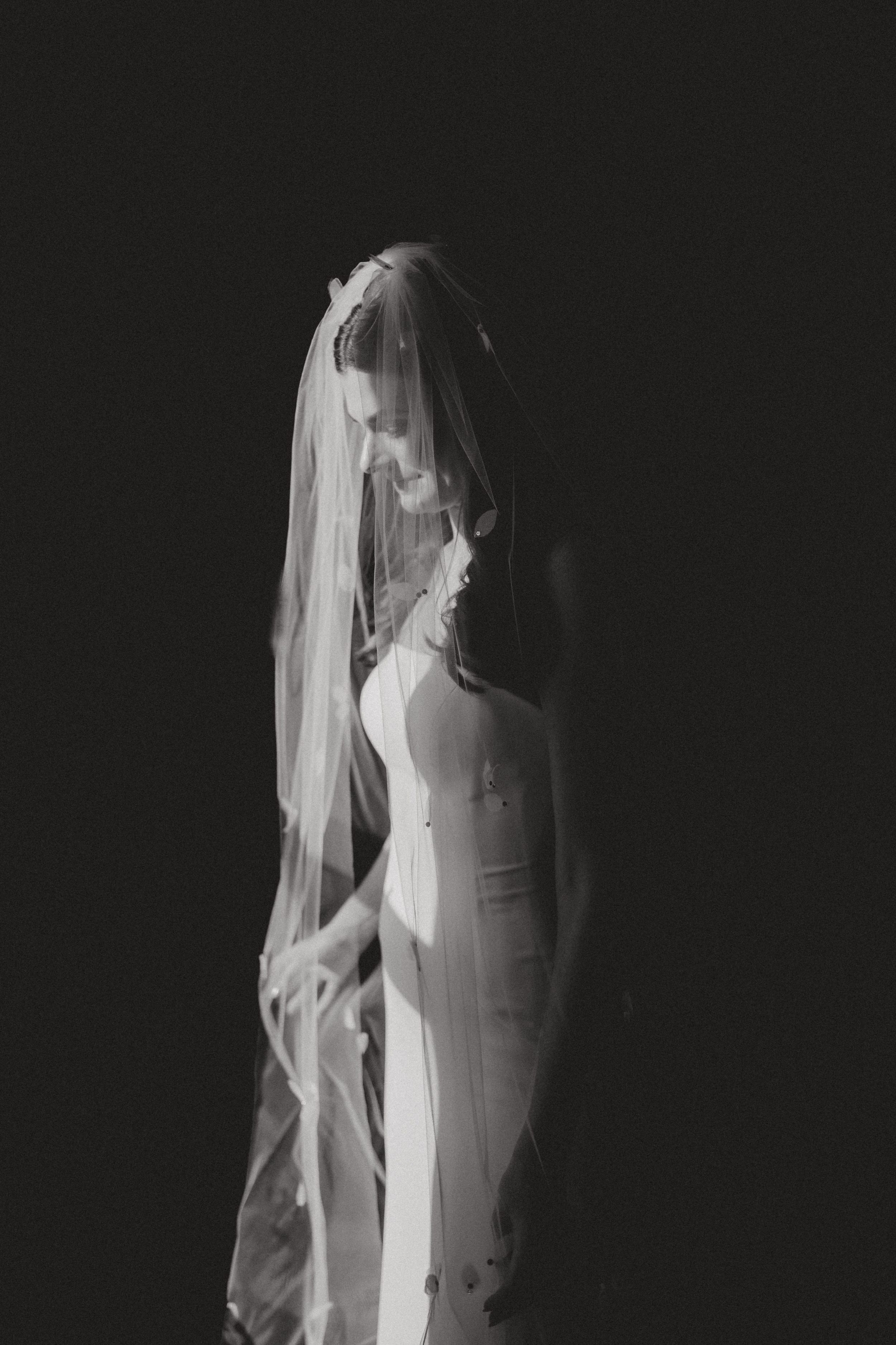 Elegant bride in fitted white dress and flowing veil poses in dramatic black and white portrait.