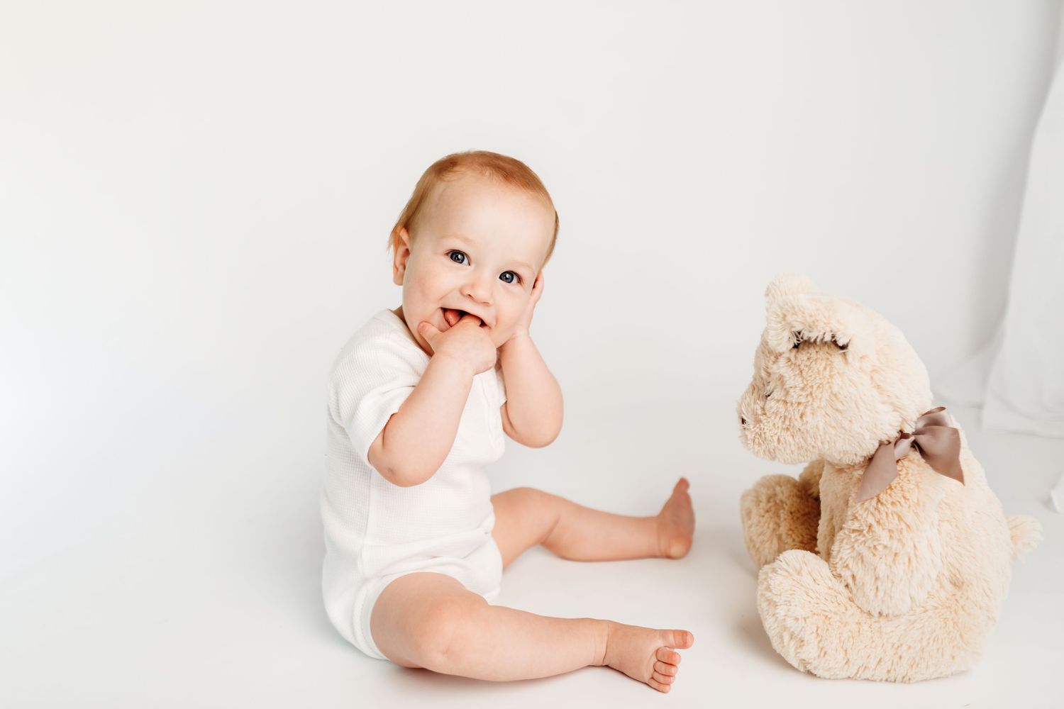 sitting baby in white studio with teddy bear