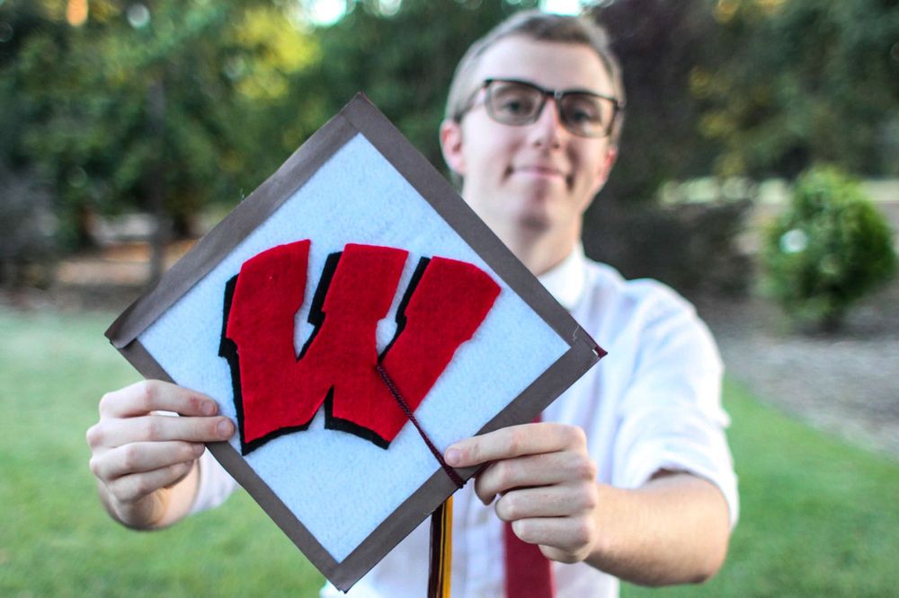 Senior portrait with decorated grad cap at Holbrook-Palmer Park in Atherton, California
