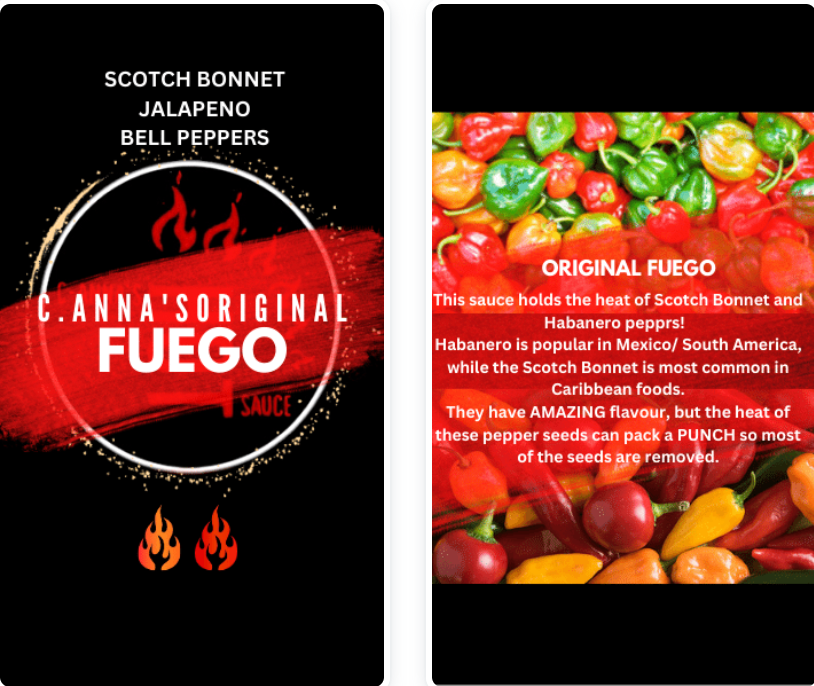 Hot sauce packaging featuring 'Original Fuego' branding with red and black design and fresh peppers.